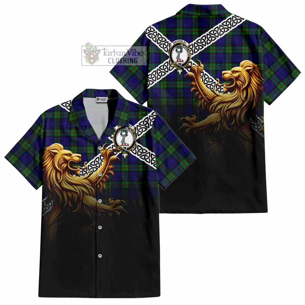 Tartan Vibes Clothing MacKinlay (McKinlay) Crest Tartan Short Sleeve Button Shirt with Golden Lion Emblem Celtic Style