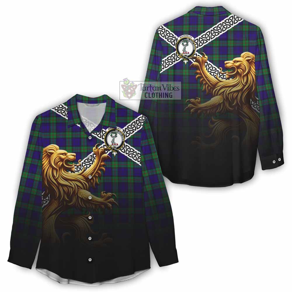 Tartan Vibes Clothing MacKinlay (McKinlay) Crest Tartan Women's Casual Shirt with Golden Lion Emblem Celtic Style