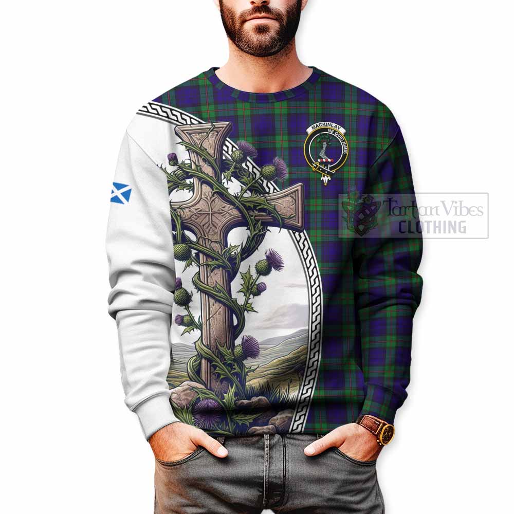 Tartan Vibes Clothing MacKinlay (McKinlay) Tartan Sweatshirt with Family Crest and St. Andrew's Cross Accented by Thistle Vines
