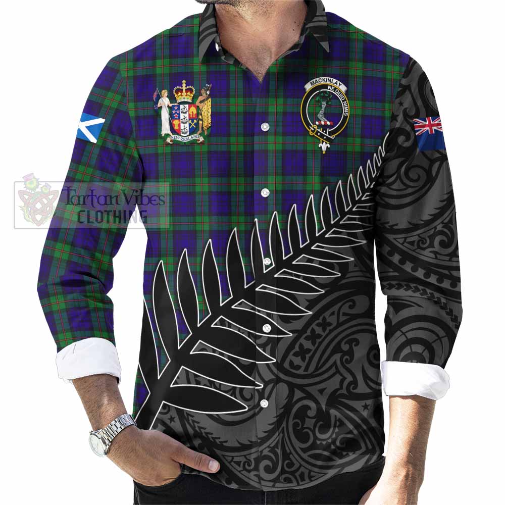 Tartan Vibes Clothing MacKinlay (McKinlay) Crest Tartan Long Sleeve Button Shirt with New Zealand Silver Fern Half Style