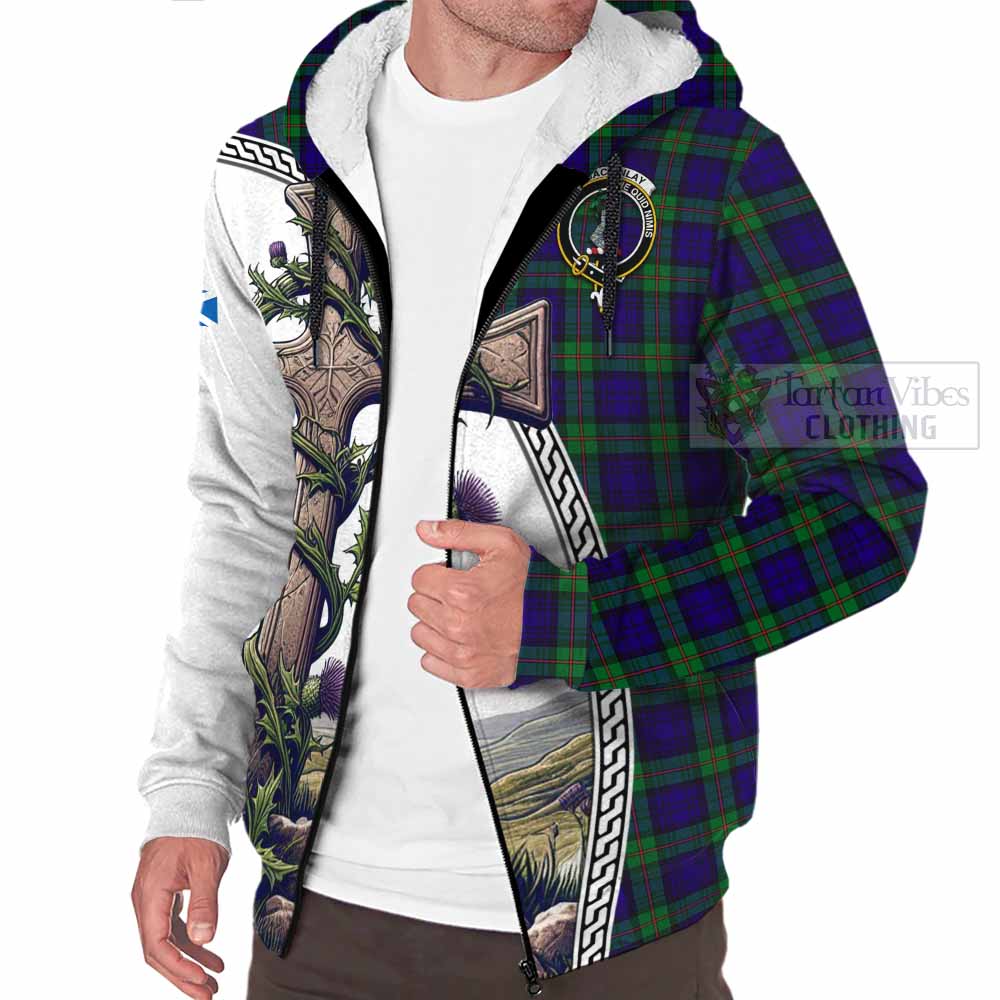 Tartan Vibes Clothing MacKinlay (McKinlay) Tartan Sherpa Hoodie with Family Crest and St. Andrew's Cross Accented by Thistle Vines