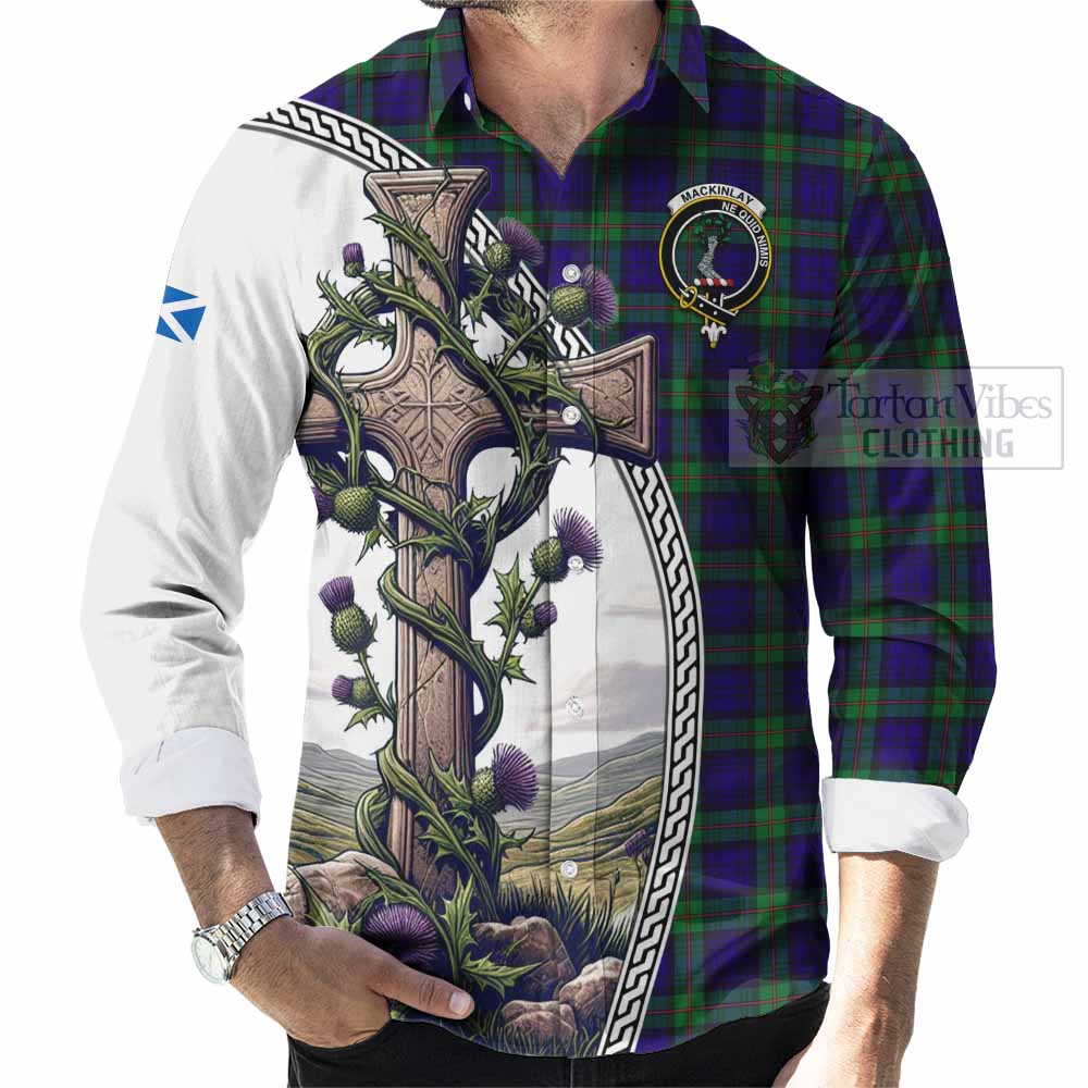 Tartan Vibes Clothing MacKinlay (McKinlay) Tartan Long Sleeve Button Shirt with Family Crest and St. Andrew's Cross Accented by Thistle Vines