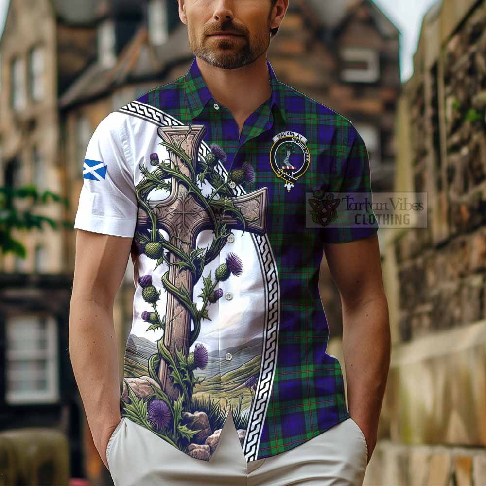 Tartan Vibes Clothing MacKinlay (McKinlay) Tartan Short Sleeve Button Shirt with Family Crest and St. Andrew's Cross Accented by Thistle Vines