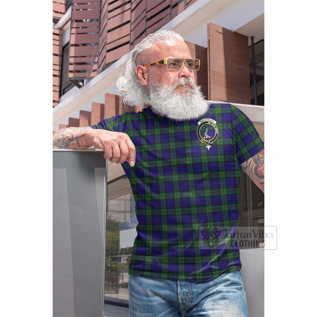 Tartan Vibes Clothing MacKinlay (McKinlay) Tartan Cotton T-shirt with Family Crest and Bearded Skull Holding Bottles of Whiskey