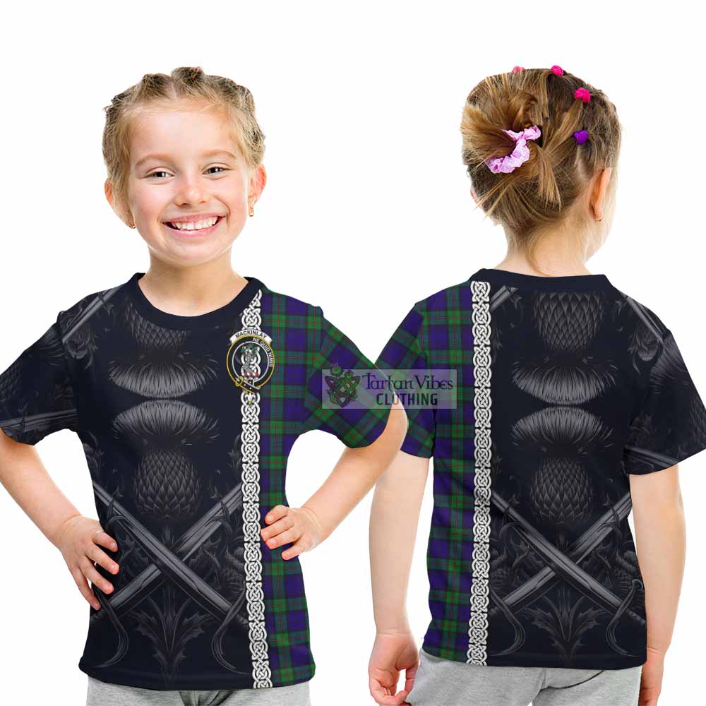 Tartan Vibes Clothing MacKinlay (McKinlay) Tartan Kid T-Shirt with Family Crest Cross Sword Thistle Celtic Vibes