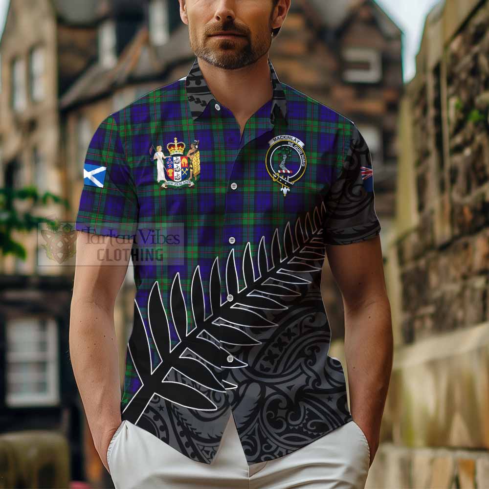 Tartan Vibes Clothing MacKinlay (McKinlay) Crest Tartan Short Sleeve Button Shirt with New Zealand Silver Fern Half Style