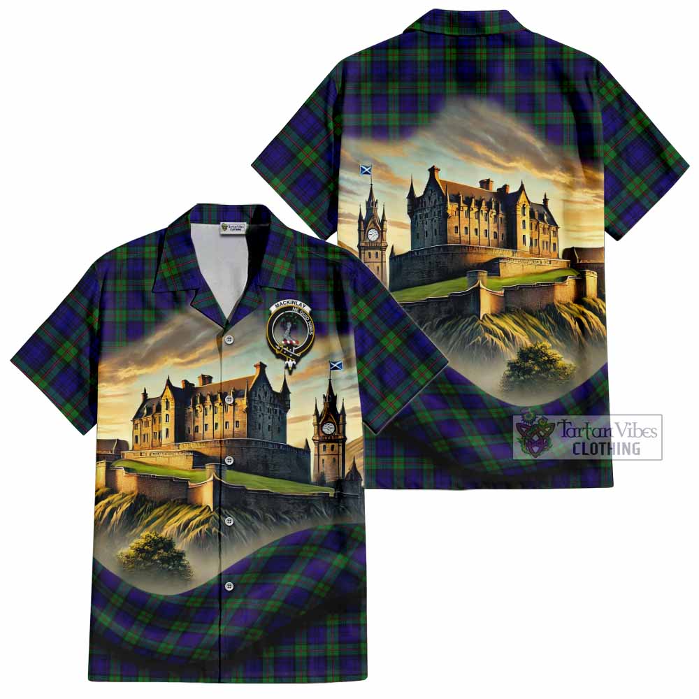 Tartan Vibes Clothing MacKinlay (McKinlay) Tartan Family Crest Short Sleeve Button Shirt with Scottish Ancient Castle Style