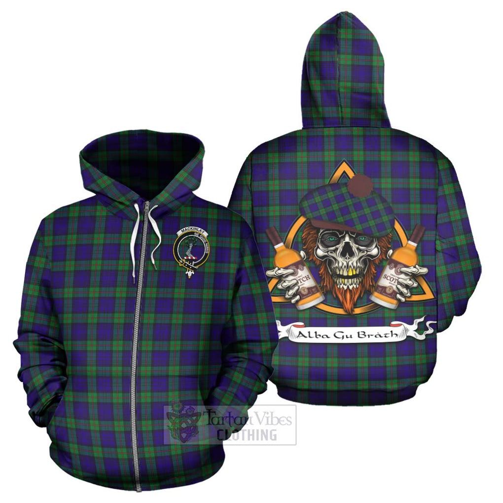 Tartan Vibes Clothing MacKinlay (McKinlay) Tartan Hoodie with Family Crest and Bearded Skull Holding Bottles of Whiskey