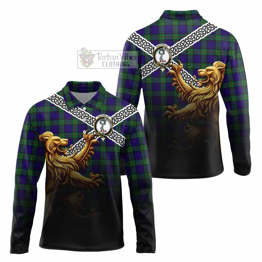 Tartan Vibes Clothing MacKinlay (McKinlay) Crest Tartan Long Sleeve Polo Shirt with Golden Lion Emblem Celtic Style