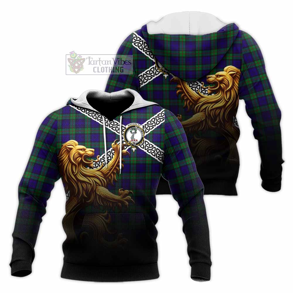 Tartan Vibes Clothing MacKinlay (McKinlay) Crest Tartan Knitted Hoodie with Golden Lion Emblem Celtic Style