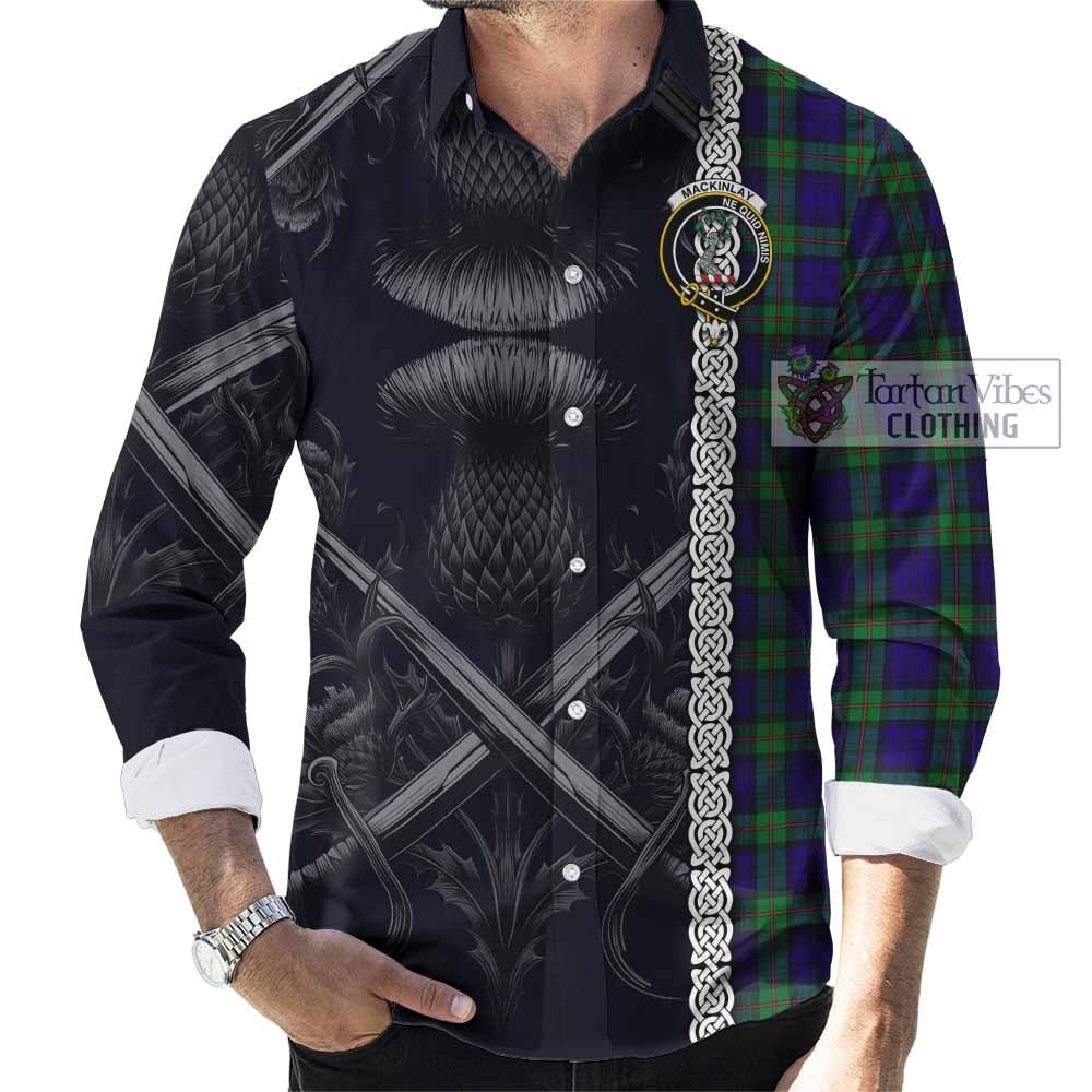 Tartan Vibes Clothing MacKinlay (McKinlay) Tartan Long Sleeve Button Shirt with Family Crest Cross Sword Thistle Celtic Vibes