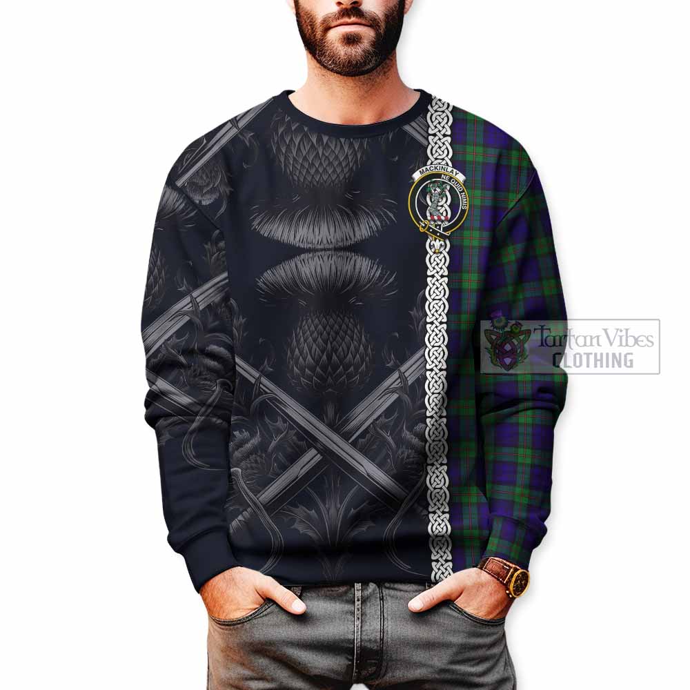 Tartan Vibes Clothing MacKinlay (McKinlay) Tartan Sweatshirt with Family Crest Cross Sword Thistle Celtic Vibes