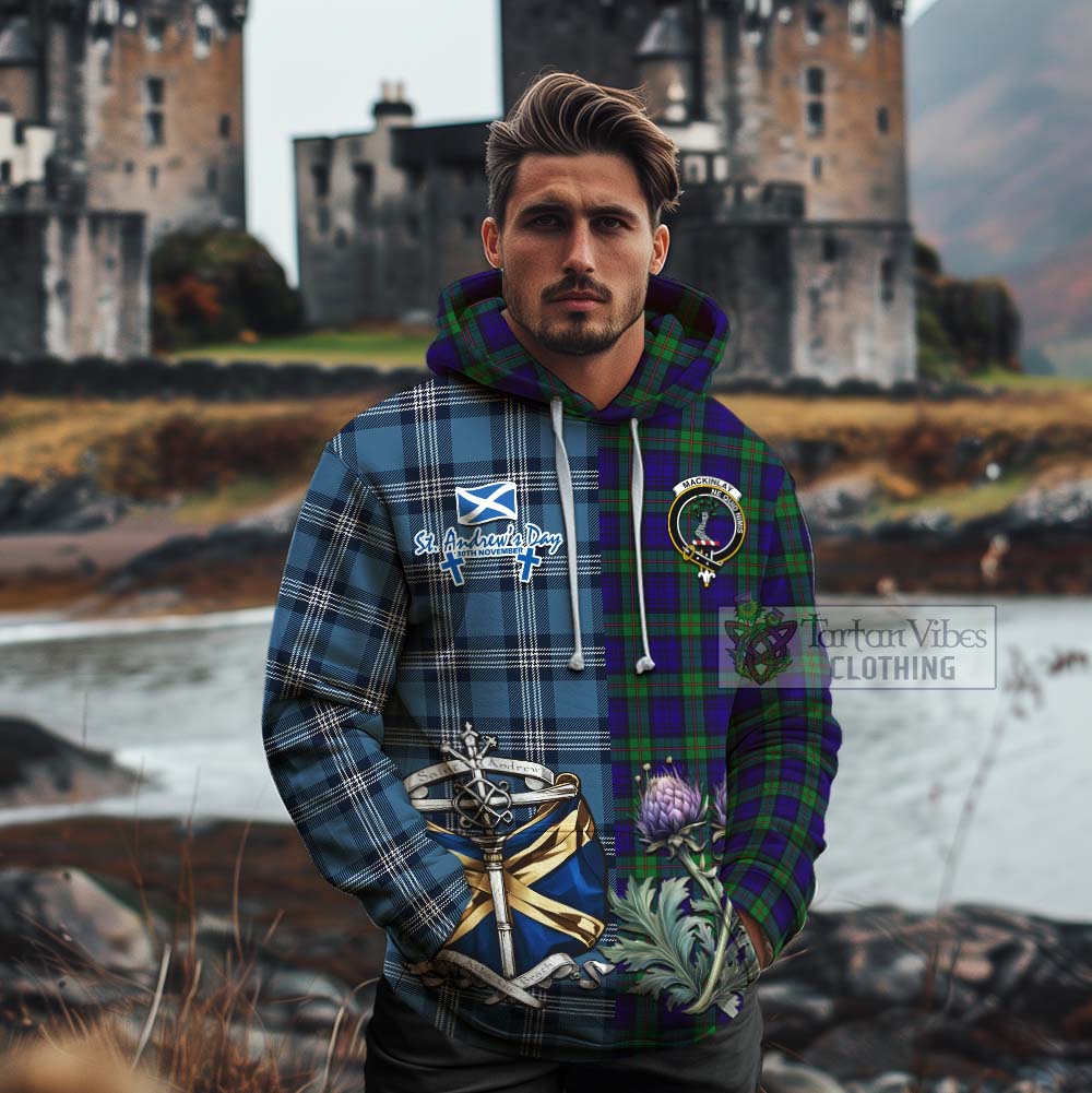 Tartan Vibes Clothing MacKinlay (McKinlay) Tartan Cotton Hoodie Happy St. Andrew's Day Half Tartan Style