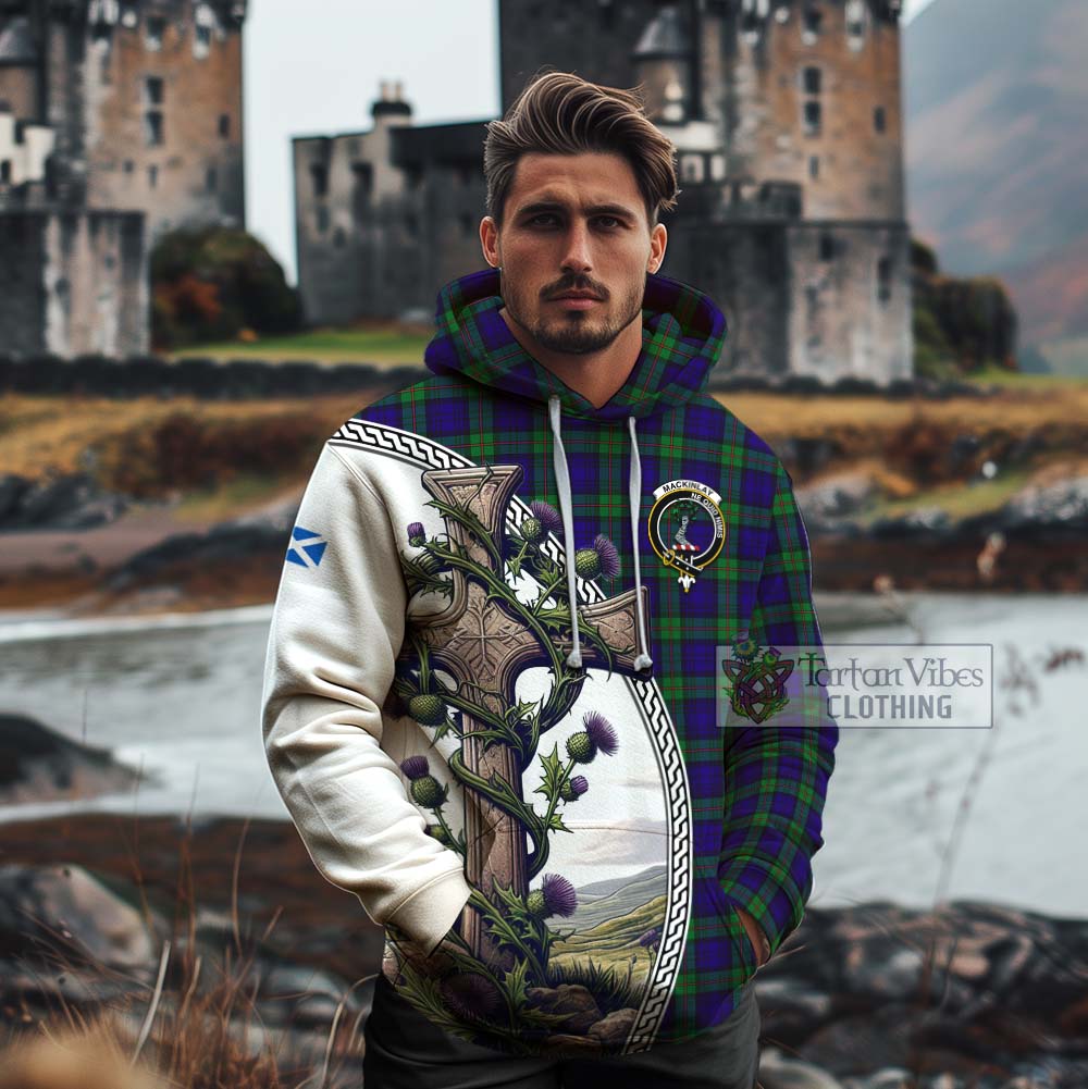 Tartan Vibes Clothing MacKinlay (McKinlay) Tartan Cotton Hoodie with Family Crest and St. Andrew's Cross Accented by Thistle Vines