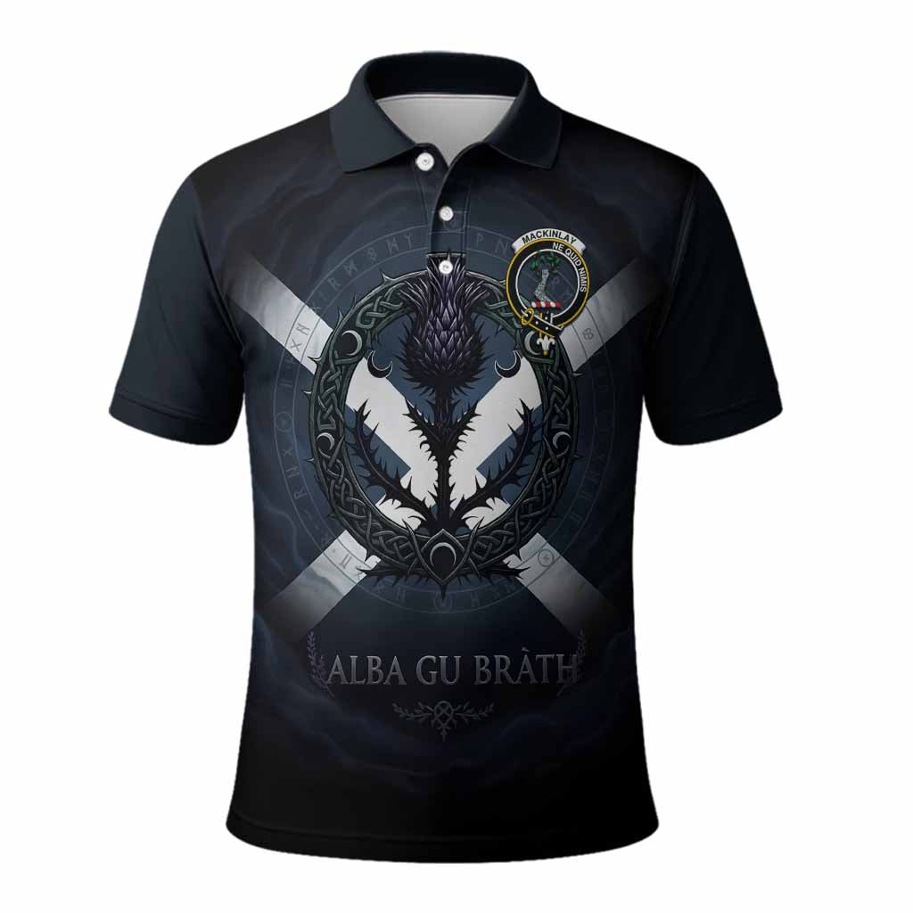 MacKinlay (McKinlay) Clan Crest Polo Shirt with Celtic Knot Thistle and Saltire
