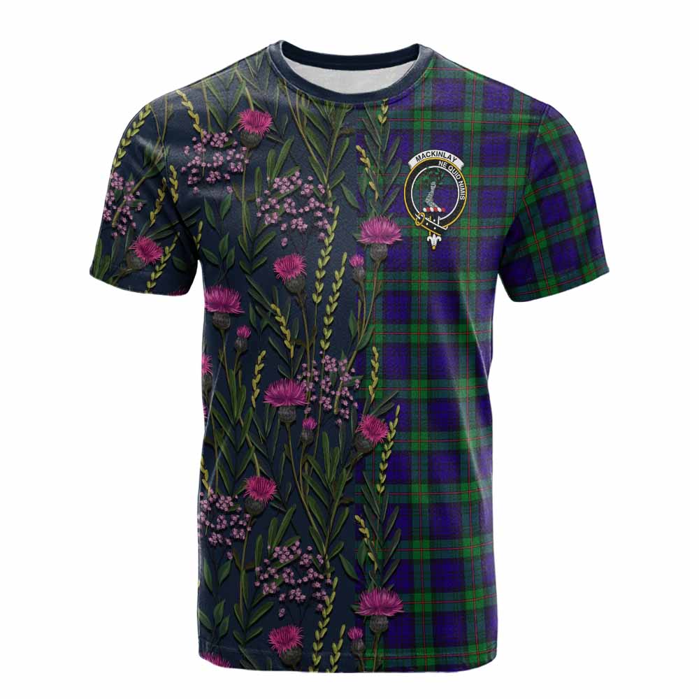 MacKinlay (McKinlay) Family Crest Tartan Cotton T-shirt Scottish Thistle Flower Pattern Half Style - Tartan Vibes Clothing