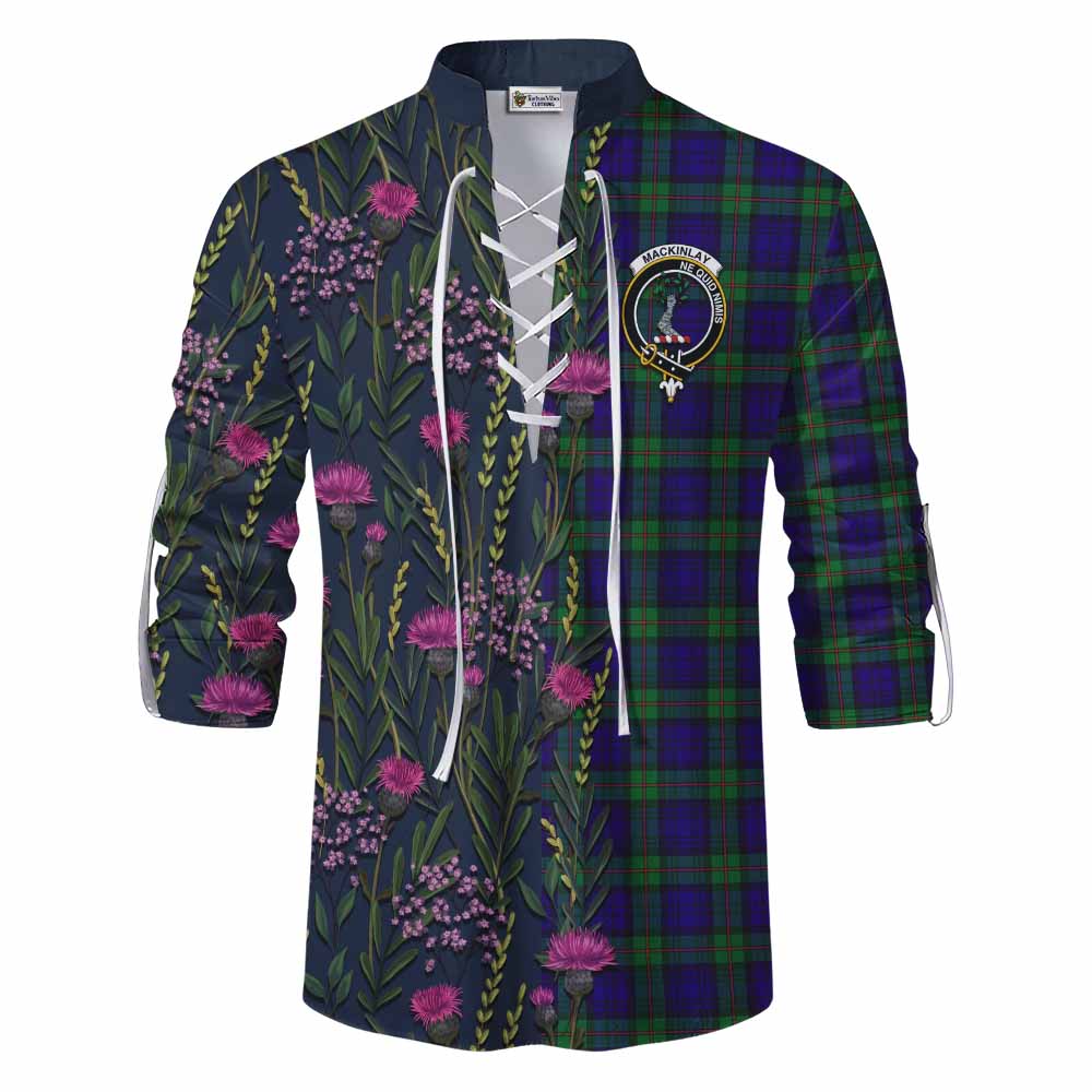MacKinlay (McKinlay) Family Crest Tartan Ghillie Shirt Scottish Thistle Flower Pattern Half Style - Tartan Vibes Clothing