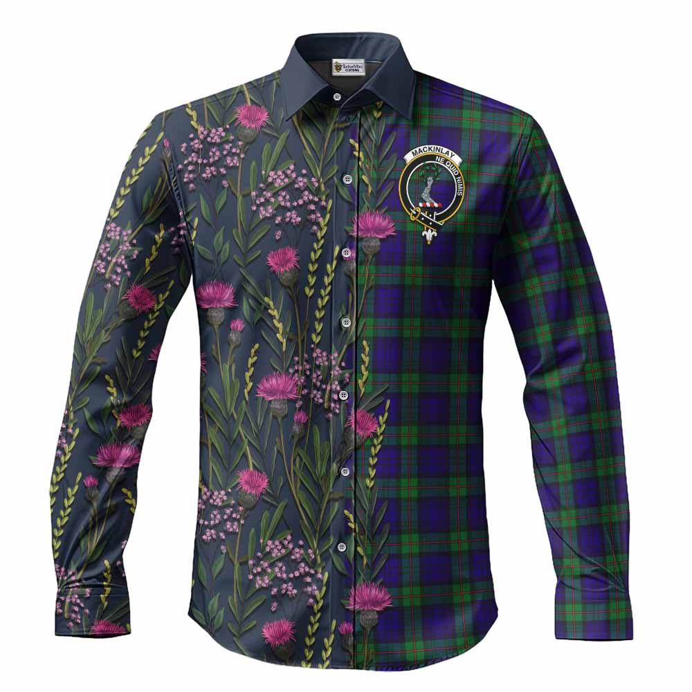 MacKinlay (McKinlay) Family Crest Tartan Long Sleeve Button Shirts Scottish Thistle Flower Pattern Half Style - Tartan Vibes Clothing