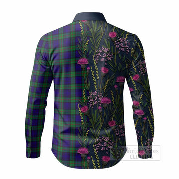 MacKinlay (McKinlay) Family Crest Tartan Long Sleeve Button Shirts Scottish Thistle Flower Pattern Half Style - Tartan Vibes Clothing
