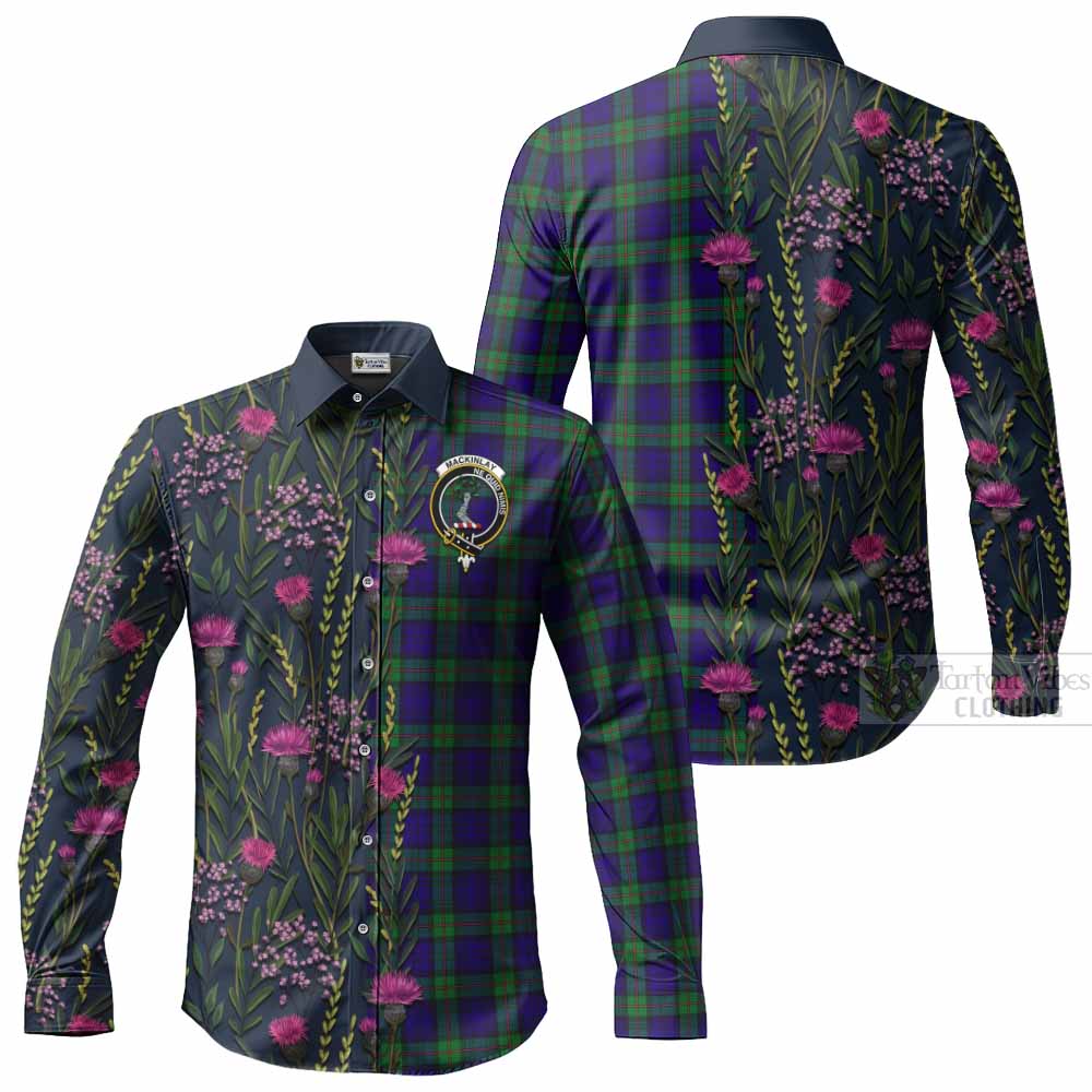 MacKinlay (McKinlay) Family Crest Tartan Long Sleeve Button Shirts Scottish Thistle Flower Pattern Half Style - Tartan Vibes Clothing