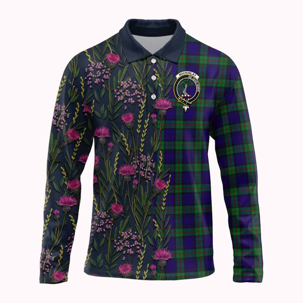MacKinlay (McKinlay) Family Crest Tartan Long Sleeve Polo Shirt Scottish Thistle Flower Pattern Half Style - Tartan Vibes Clothing
