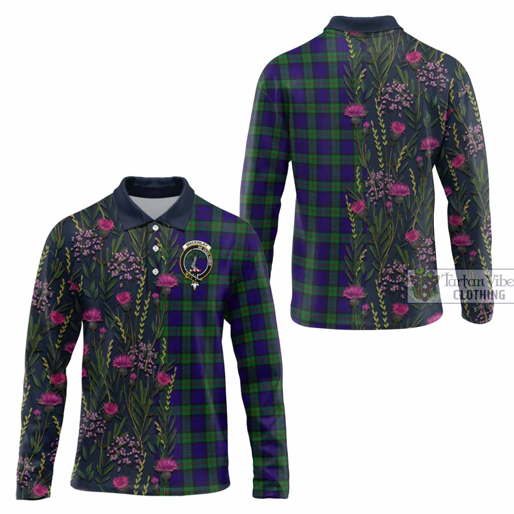 MacKinlay (McKinlay) Family Crest Tartan Long Sleeve Polo Shirt Scottish Thistle Flower Pattern Half Style - Tartan Vibes Clothing