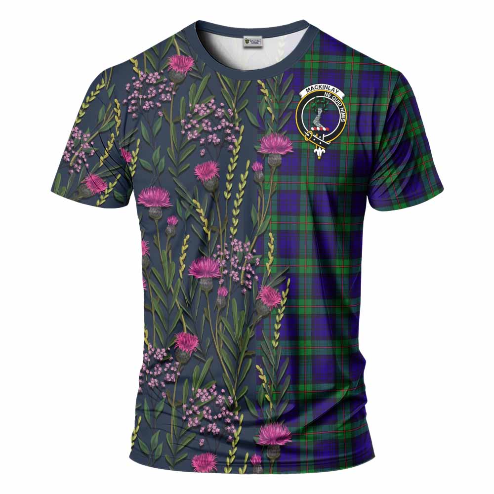 MacKinlay (McKinlay) Family Crest Tartan T-Shirt Scottish Thistle Flower Pattern Half Style - Tartan Vibes Clothing