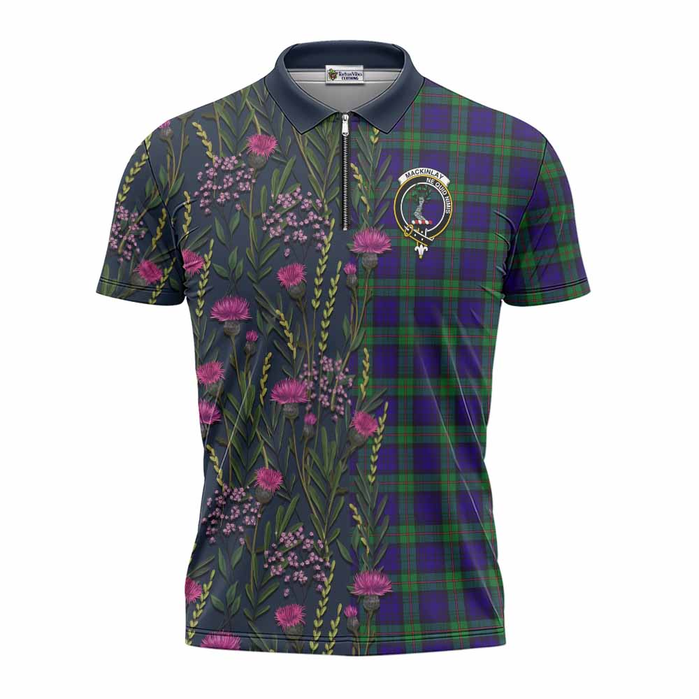 MacKinlay (McKinlay) Family Crest Tartan Zipper Polo Shirt Scottish Thistle Flower Pattern Half Style - Tartan Vibes Clothing