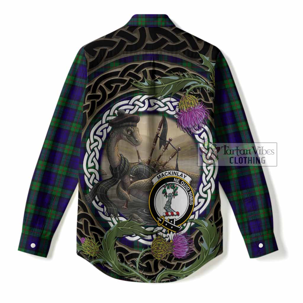 MacKinlay (McKinlay) Tartan Crest Bagpipe Nessie Women Casual Shirt Scottish Loch Ness Monster Celtic Thistle