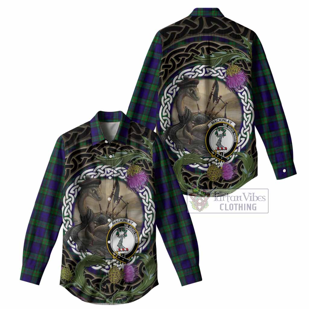 MacKinlay (McKinlay) Tartan Crest Bagpipe Nessie Women Casual Shirt Scottish Loch Ness Monster Celtic Thistle