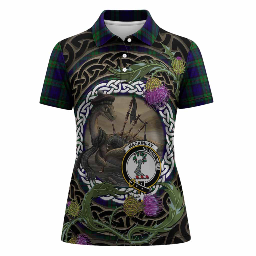 MacKinlay (McKinlay) Tartan Crest Bagpipe Nessie Women Polo Shirt Scottish Loch Ness Monster Celtic Thistle