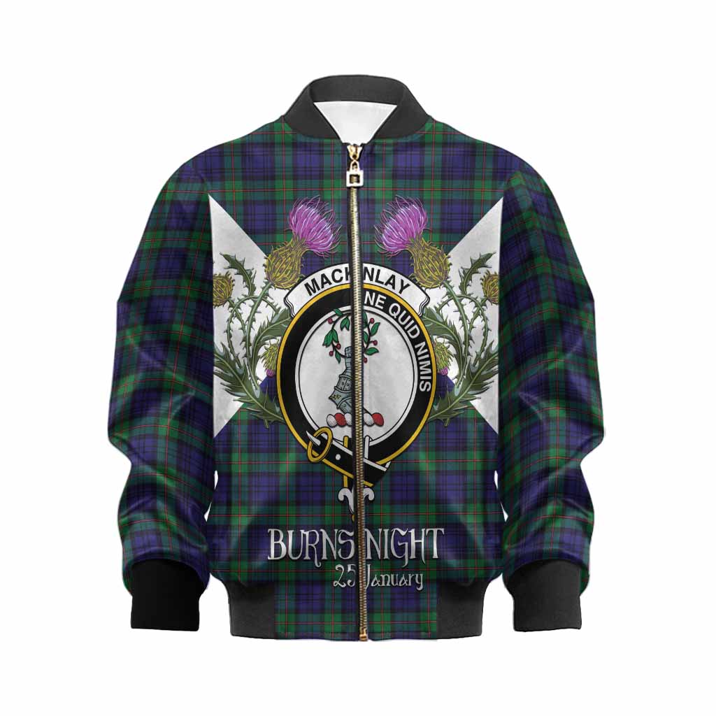 MacKinlay (McKinlay) Tartan Family Crest Kid Bomber Jacket Scottish Burns Night Thistle Floral