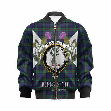 MacKinlay (McKinlay) Tartan Family Crest Kid Bomber Jacket Scottish Burns Night Thistle Floral