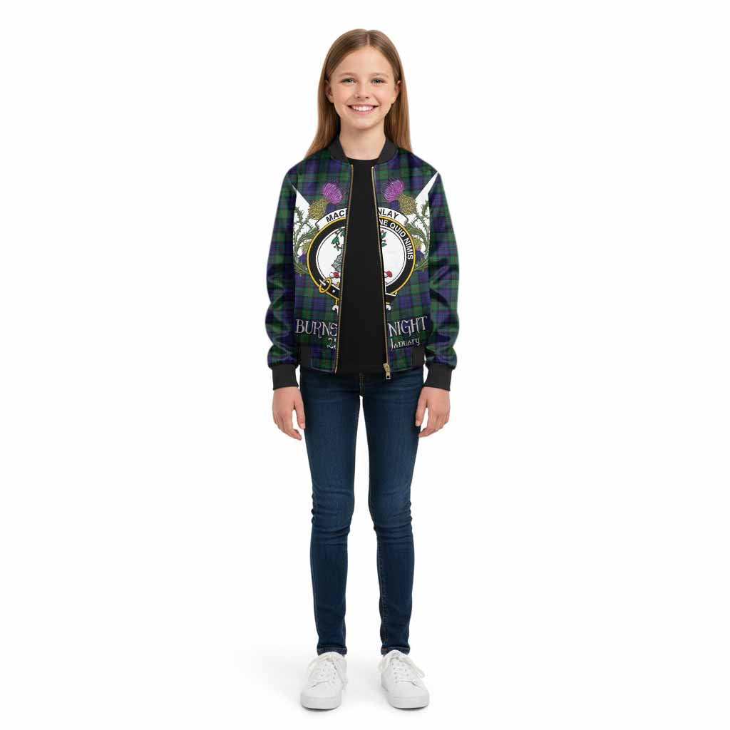 MacKinlay (McKinlay) Tartan Family Crest Kid Bomber Jacket Scottish Burns Night Thistle Floral