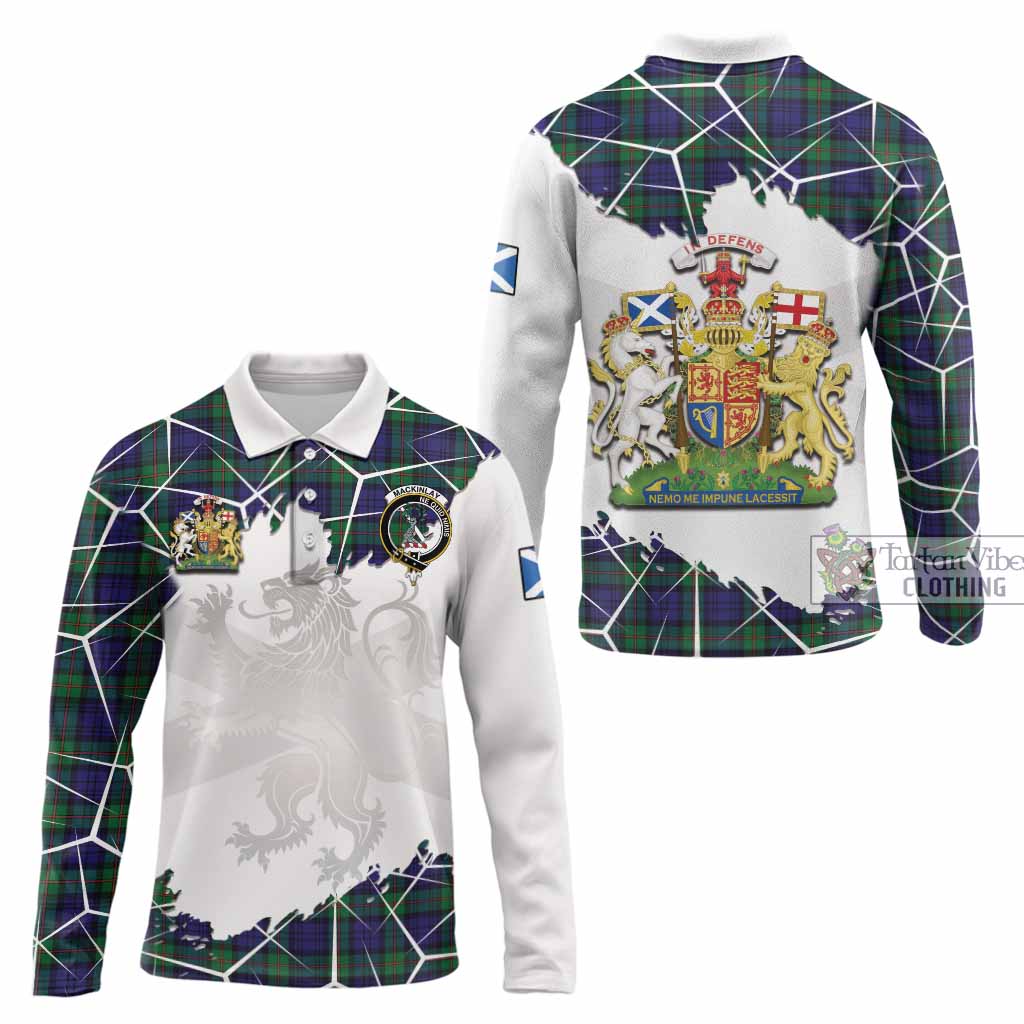 MacKinlay (McKinlay) Tartan Long Sleeve Polo Shirt with Family Crest and Lion Rampant Grunge Style