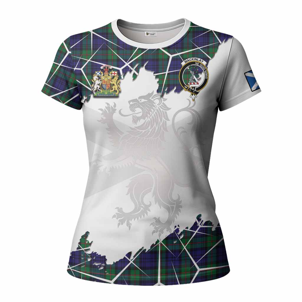 MacKinlay (McKinlay) Tartan Women T shirt with Family Crest and Lion Rampant Grunge Style