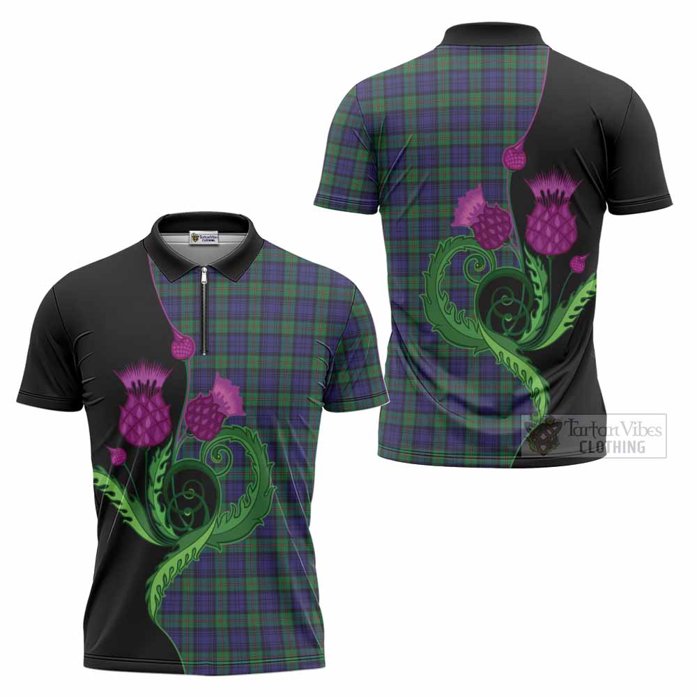 MacKinlay (McKinlay) Tartan Zipper Polo Shirt Traditional Scottish Thistle