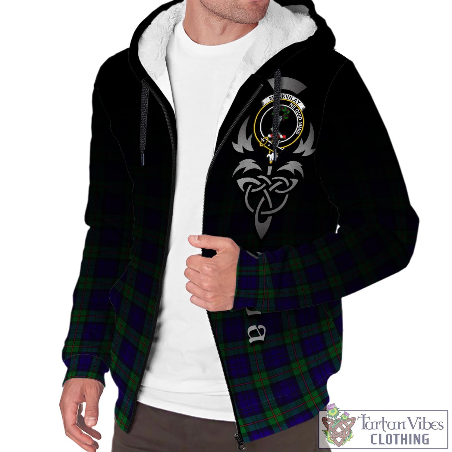 Tartan Vibes Clothing MacKinlay Modern Tartan Sherpa Hoodie Featuring Alba Gu Brath Family Crest Celtic Inspired