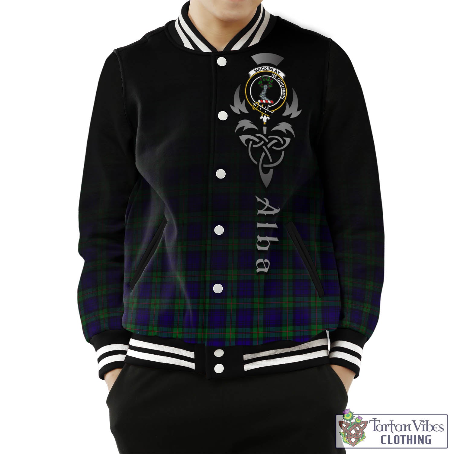 Tartan Vibes Clothing MacKinlay Modern Tartan Baseball Jacket Featuring Alba Gu Brath Family Crest Celtic Inspired