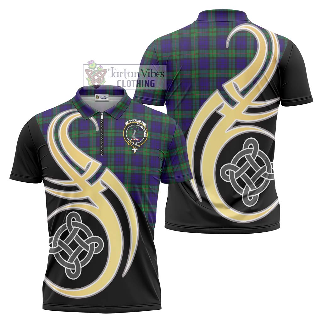 Tartan Vibes Clothing MacKinlay Modern Tartan Zipper Polo Shirt with Family Crest and Celtic Symbol Style