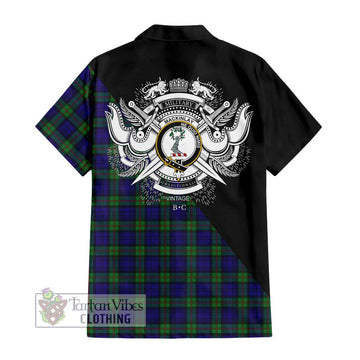 MacKinlay (McKinlay) Tartan Short Sleeve Button Shirt with Family Crest and Military Logo Style - Tartanvibesclothing Shop