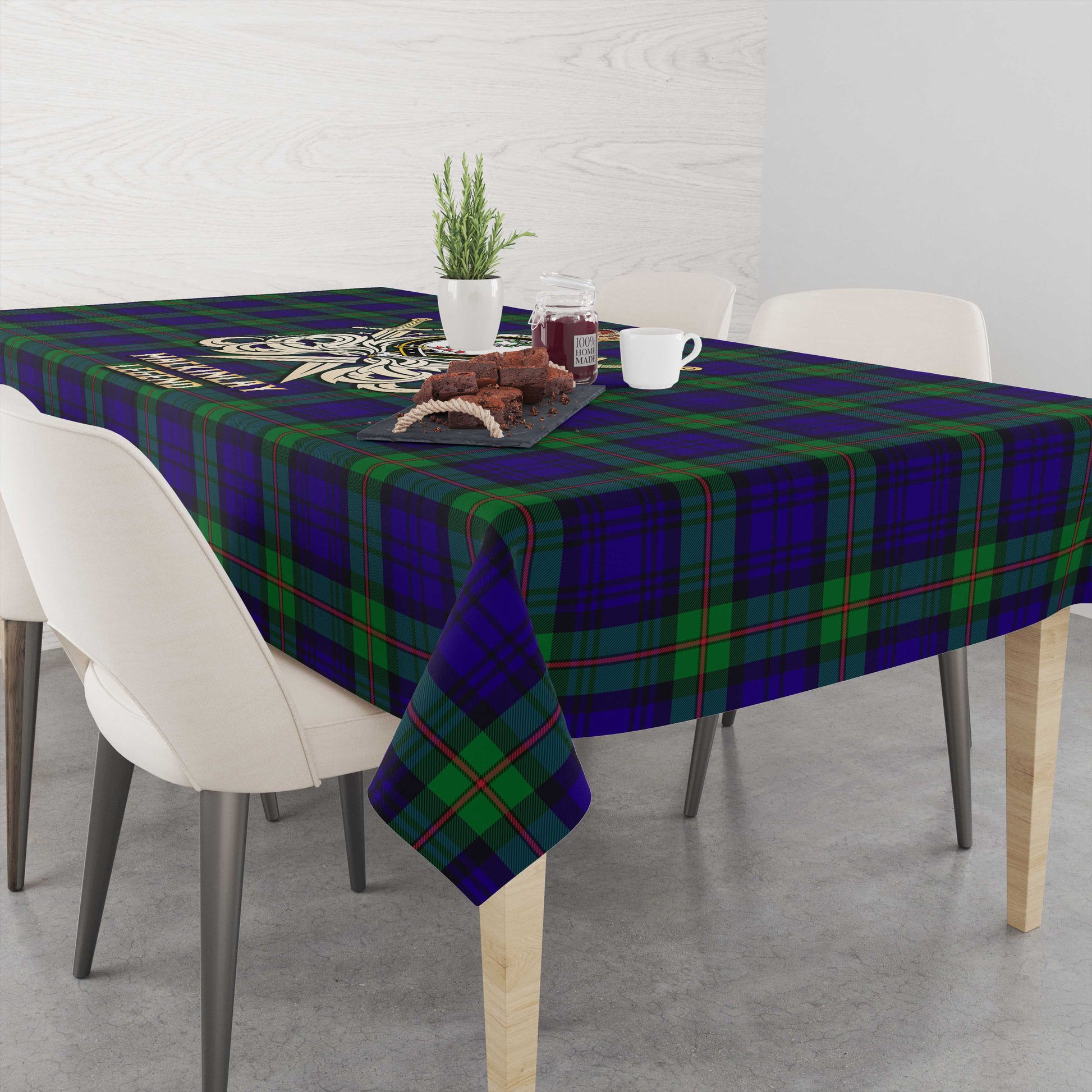 Tartan Vibes Clothing MacKinlay Modern Tartan Tablecloth with Clan Crest and the Golden Sword of Courageous Legacy