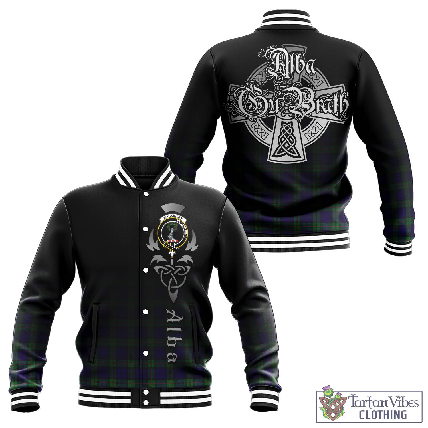 Tartan Vibes Clothing MacKinlay Modern Tartan Baseball Jacket Featuring Alba Gu Brath Family Crest Celtic Inspired