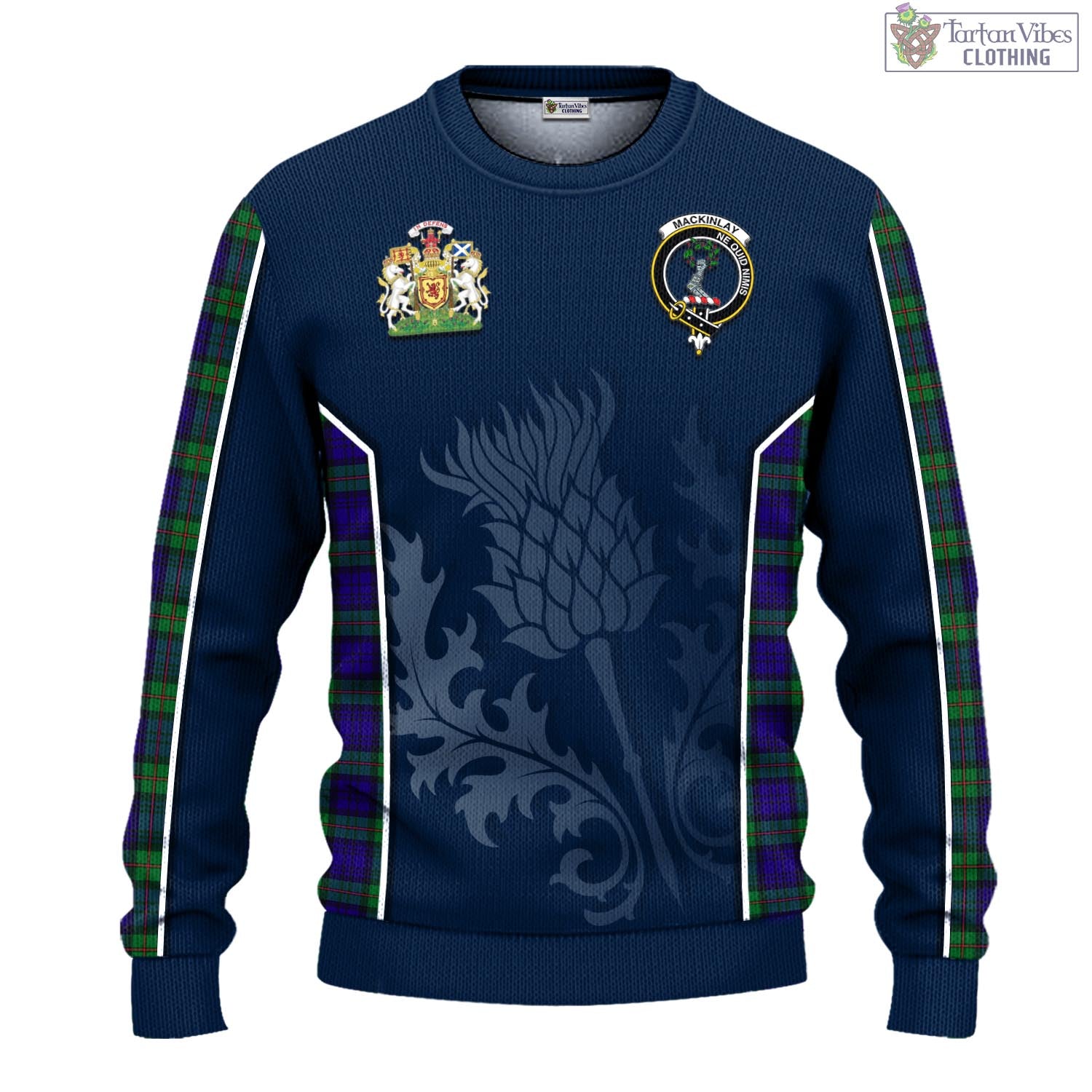 Tartan Vibes Clothing MacKinlay Modern Tartan Knitted Sweatshirt with Family Crest and Scottish Thistle Vibes Sport Style