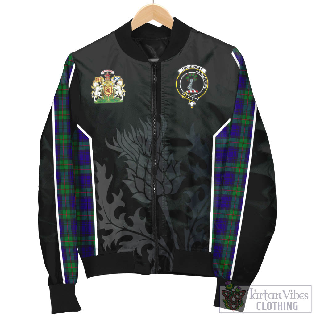 Tartan Vibes Clothing MacKinlay Modern Tartan Bomber Jacket with Family Crest and Scottish Thistle Vibes Sport Style
