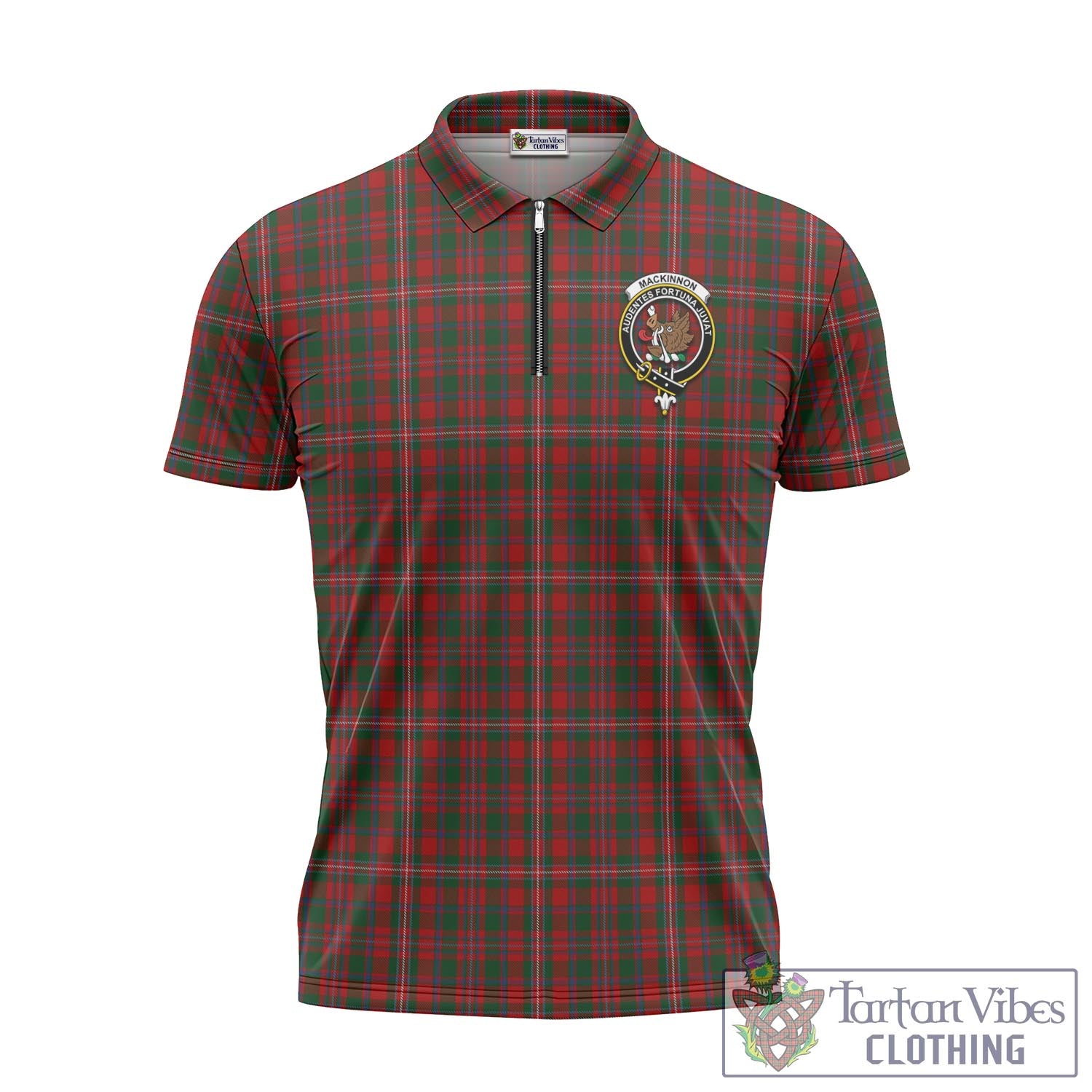 Tartan Vibes Clothing MacKinnon Tartan Zipper Polo Shirt with Family Crest