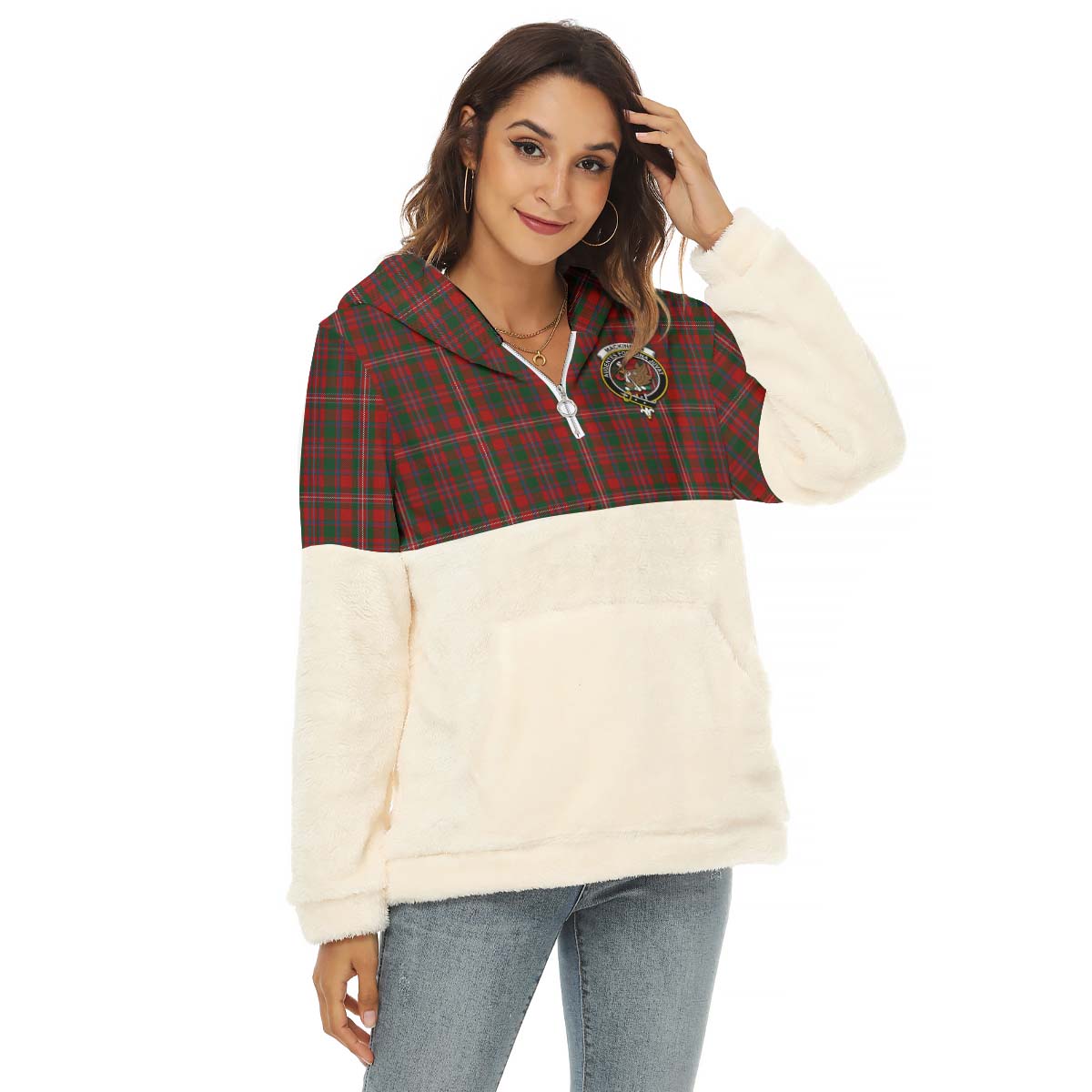 MacKinnon (McKinnon) Tartan Women's Borg Fleece Hoodie With Half Zip with Family Crest Female - Tartan Vibes Clothing