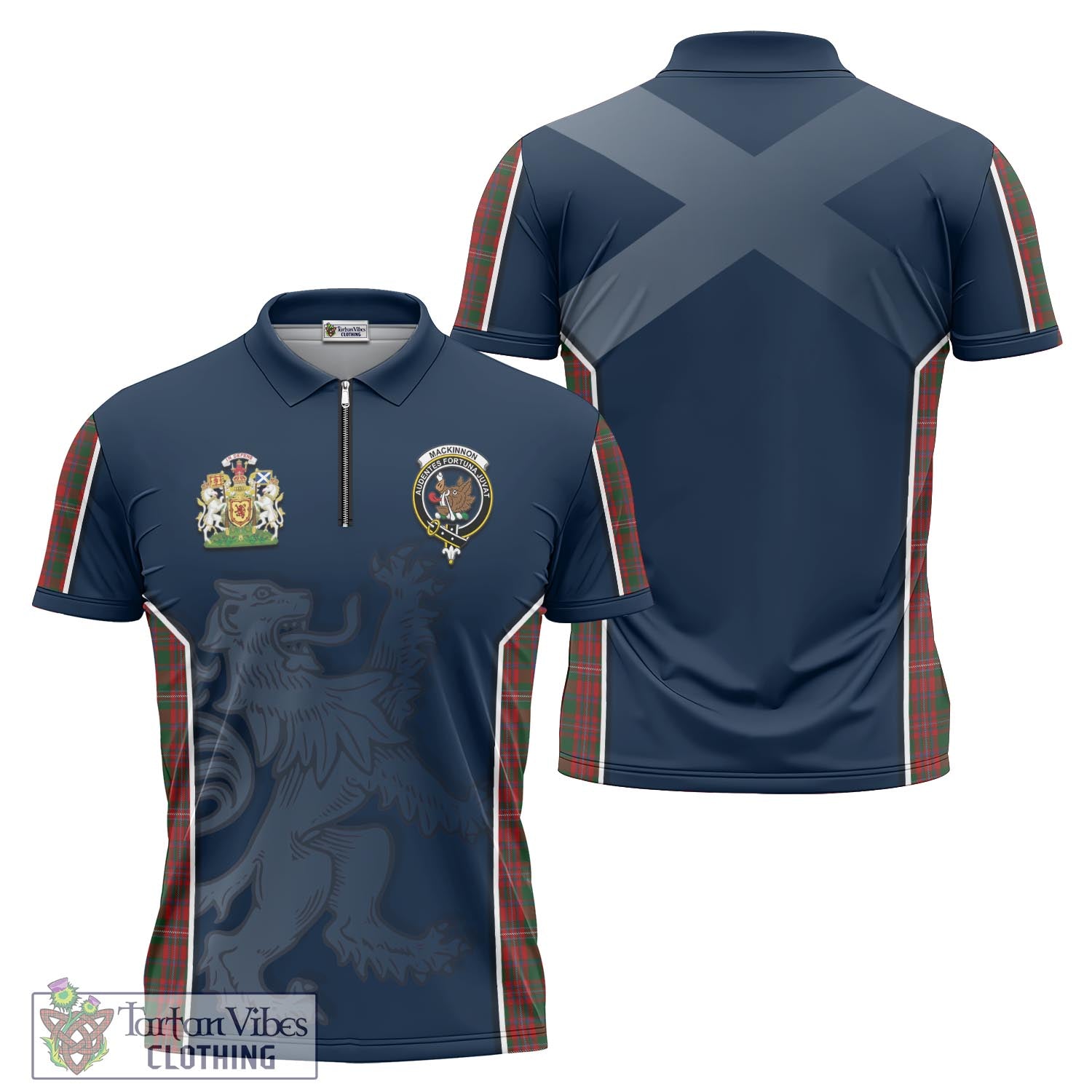 Tartan Vibes Clothing MacKinnon Tartan Zipper Polo Shirt with Family Crest and Lion Rampant Vibes Sport Style