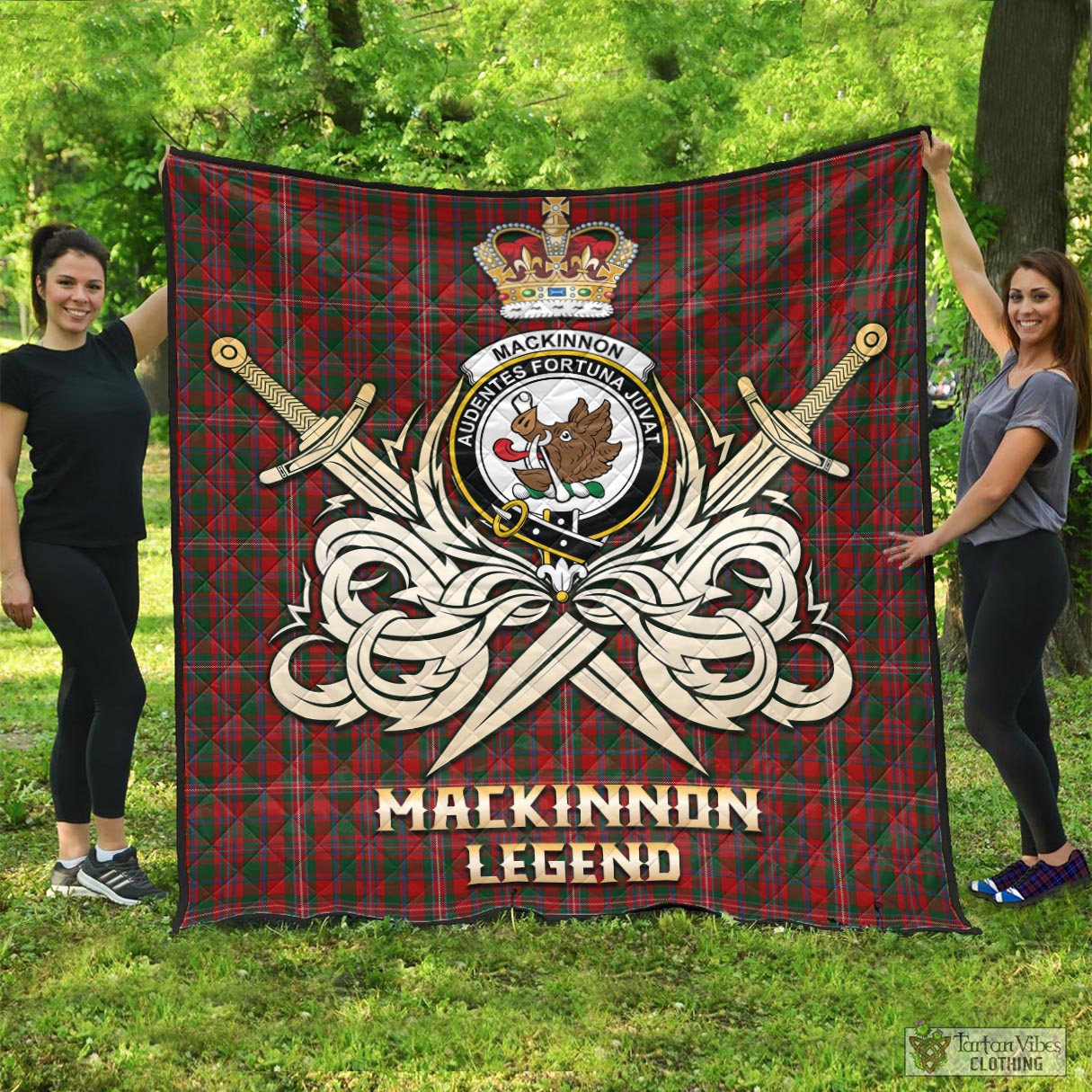 Tartan Vibes Clothing MacKinnon Tartan Quilt with Clan Crest and the Golden Sword of Courageous Legacy