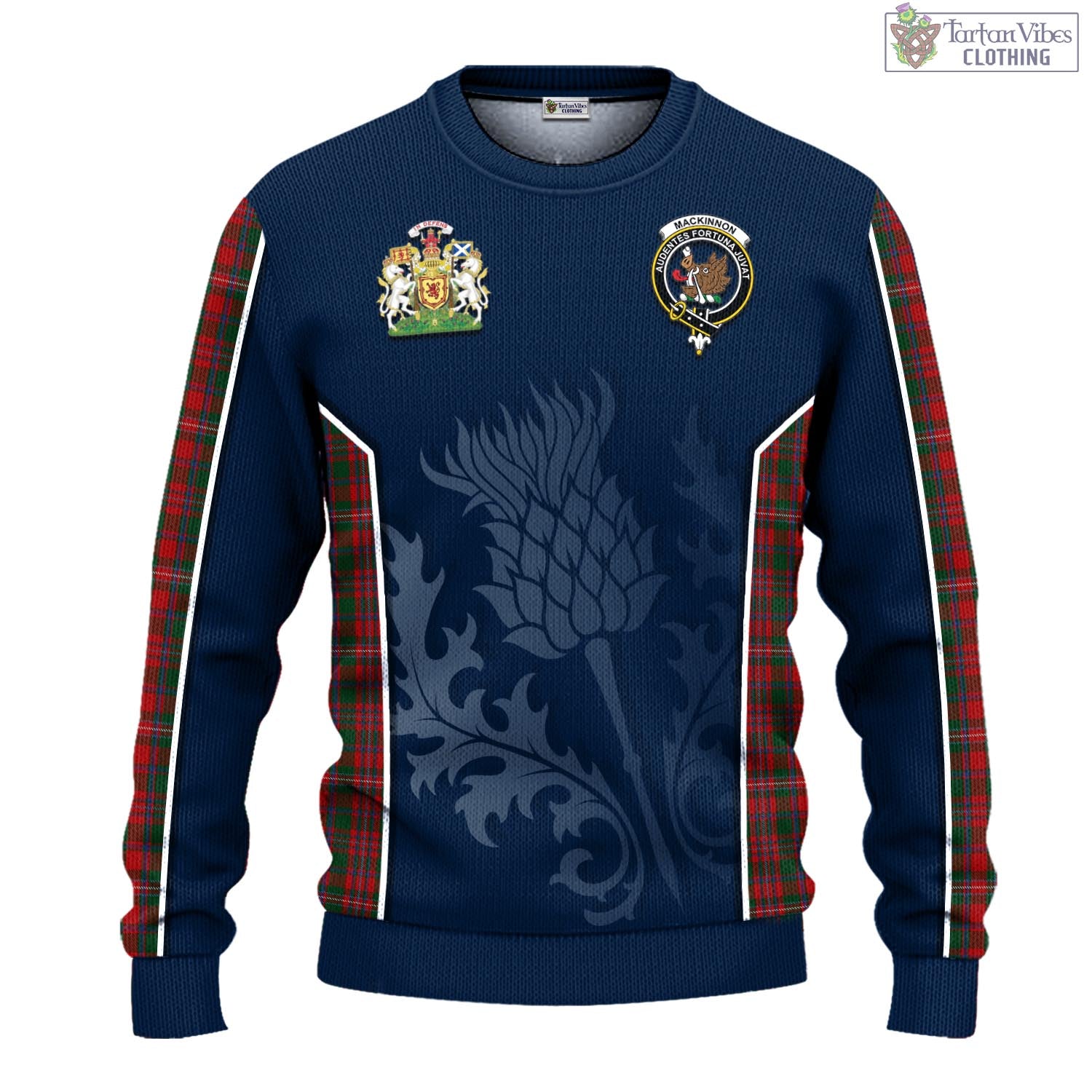Tartan Vibes Clothing MacKinnon Tartan Knitted Sweatshirt with Family Crest and Scottish Thistle Vibes Sport Style
